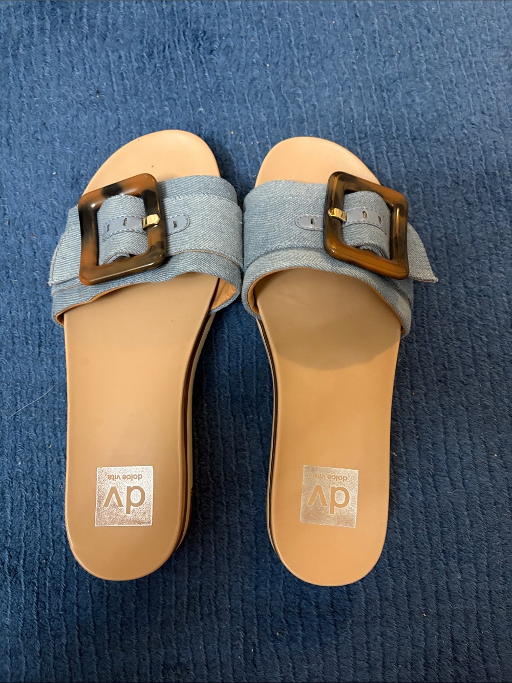 DV by Dolce Vita Denim Slide Sandals with Tortoiseshell Buckle - Blue & Tan